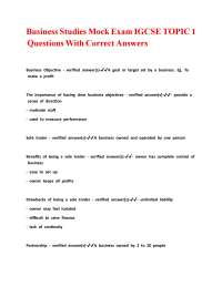 Business Studies Mock Exam IGCSE TOPIC 1 Questions With Correct Answers.