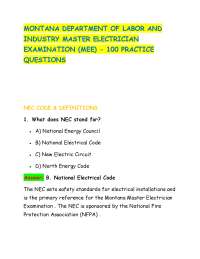 MONTANA DEPARTMENT OF LABOR AND INDUSTRY MASTER ELECTRICIAN EXAMINATION (MEE) - 100 PRACTI