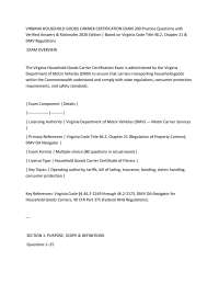 VIRGINIA HOUSEHOLD GOODS CARRIER CERTIFICATION EXAM 200 Practice Questions with Verified