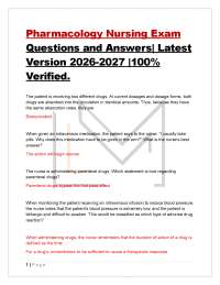 Pharmacology Nursing Exam Questions and Answers| Latest Version 2026-2027 |100% Verifie