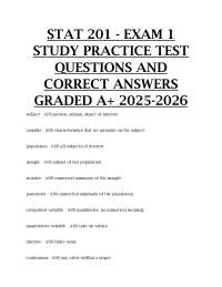 STAT 201 – Exam 1 Study Practice Test Questions and Correct Answers (Graded A+ 2025–2026)