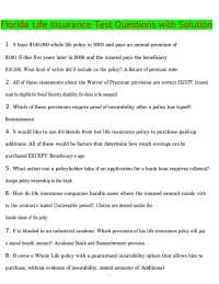 Florida Life Insurance Test Questions with Solution