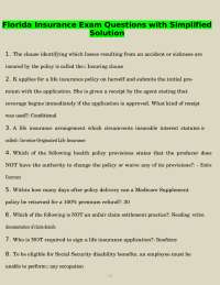 Florida Insurance Exam Questions with Simplified Solution