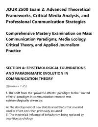JOUR 2500 Exam 2: Advanced Theoretical Frameworks, Critical Media Analysis, and Profession