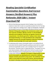 Reading Specialist Certification Examination Questions And Correct Answers