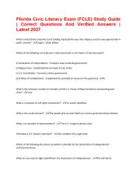 Fłorida Civic Literacy Exam (FCLE) Study Guide | Correct Questions And Verified Answers |